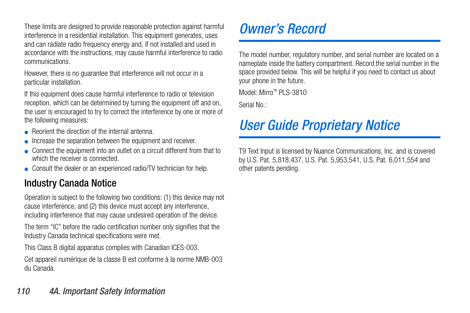 Owner’s record, User guide proprietary notice, Industry canada notice | Sanyo MIRRO PLS-3810 User Manual | Page 120 / 126
