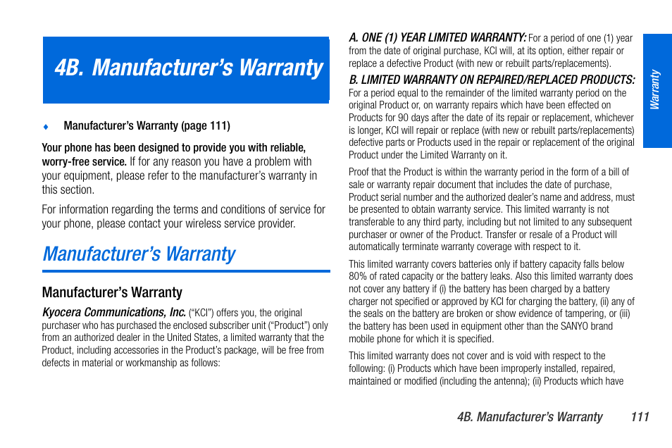 4b. manufacturer’s warranty, Manufacturer’s warranty | Sanyo MIRRO PLS-3810 User Manual | Page 121 / 126