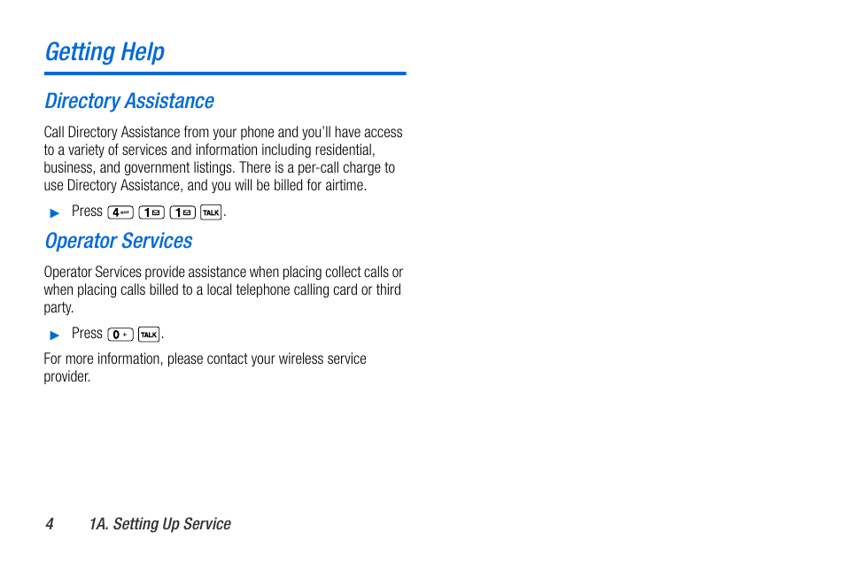 Getting help, Directory assistance, Operator services | Sanyo MIRRO PLS-3810 User Manual | Page 14 / 126
