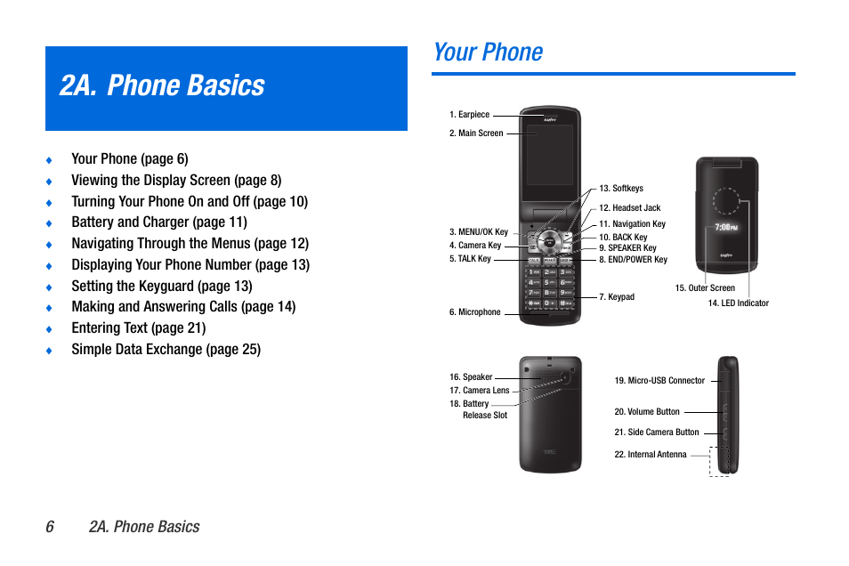 2a. phone basics, Your phone, 62a. phone basics | Your phone (page 6), Viewing the display screen (page 8), Turning your phone on and off (page 10), Battery and charger (page 11), Navigating through the menus (page 12), Displaying your phone number (page 13), Setting the keyguard (page 13) | Sanyo MIRRO PLS-3810 User Manual | Page 16 / 126