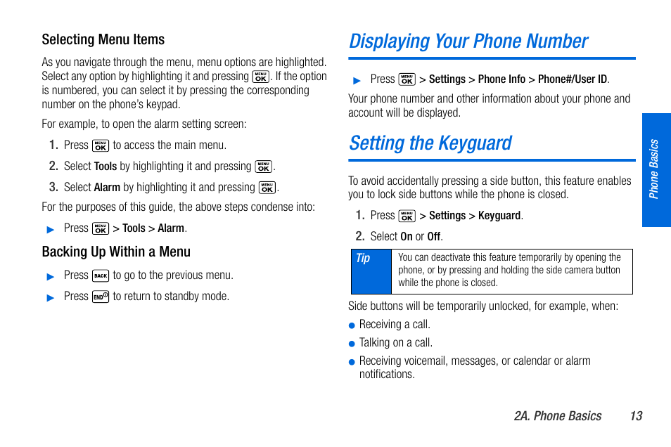 Displaying your phone number, Setting the keyguard | Sanyo MIRRO PLS-3810 User Manual | Page 23 / 126