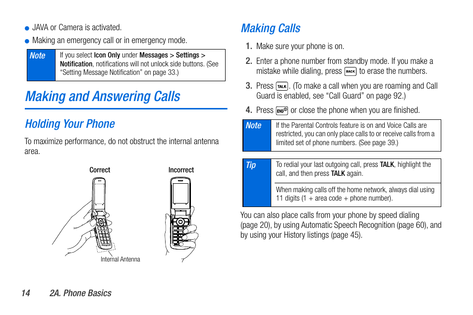 Making and answering calls, Holding your phone, Making calls | Sanyo MIRRO PLS-3810 User Manual | Page 24 / 126