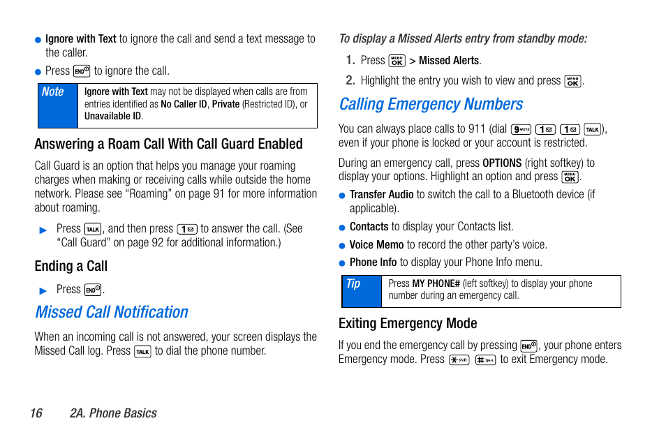 Missed call notification, Calling emergency numbers, Answering a roam call with call guard enabled | Ending a call, Exiting emergency mode | Sanyo MIRRO PLS-3810 User Manual | Page 26 / 126
