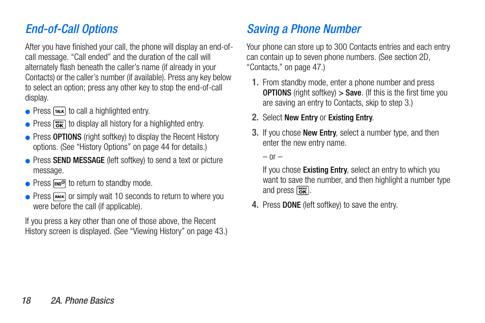 See “saving a, End-of-call options, Saving a phone number | Sanyo MIRRO PLS-3810 User Manual | Page 28 / 126