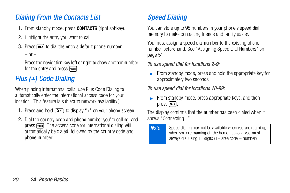 Dialing from the contacts list, Plus (+) code dialing, Speed dialing | Sanyo MIRRO PLS-3810 User Manual | Page 30 / 126