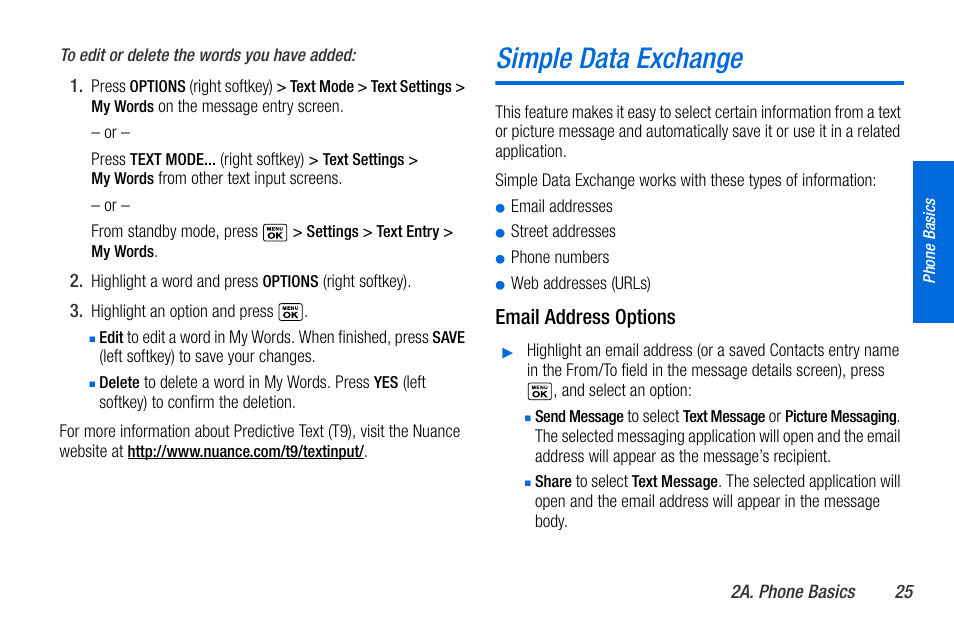 Simple data exchange, Email address options | Sanyo MIRRO PLS-3810 User Manual | Page 35 / 126