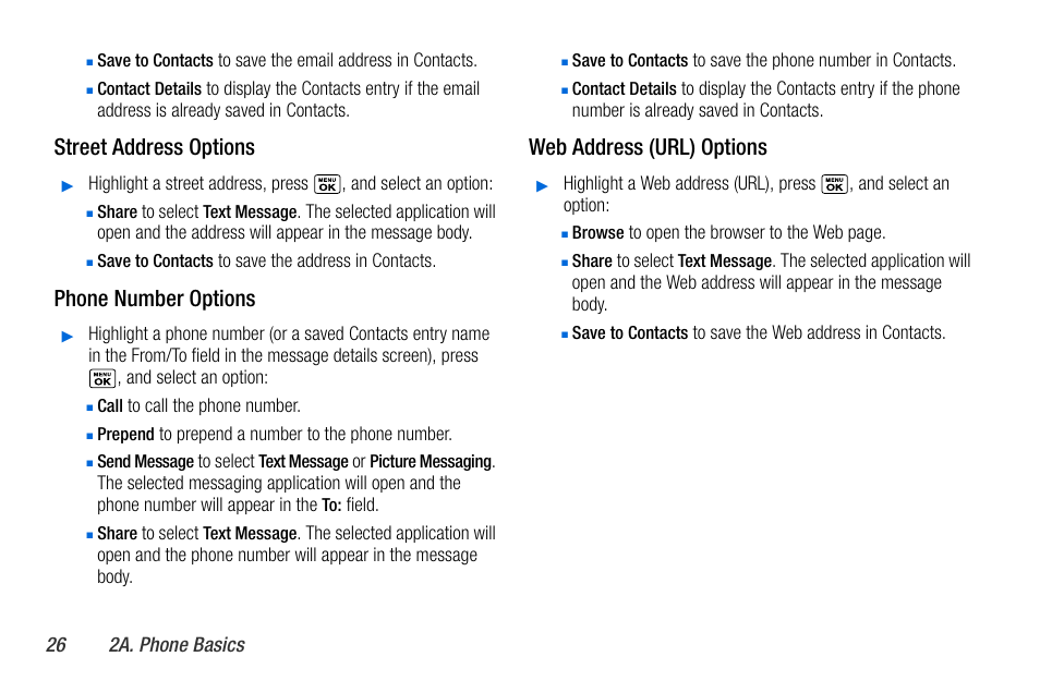Street address options, Phone number options, Web address (url) options | Sanyo MIRRO PLS-3810 User Manual | Page 36 / 126