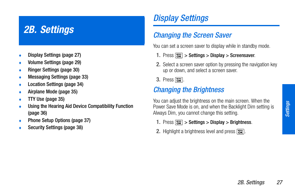 2b. settings, Display settings, Changing the screen saver | Changing the brightness | Sanyo MIRRO PLS-3810 User Manual | Page 37 / 126