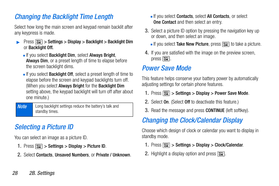 Changing the backlight time length, Selecting a picture id, Power save mode | Changing the clock/calendar display | Sanyo MIRRO PLS-3810 User Manual | Page 38 / 126