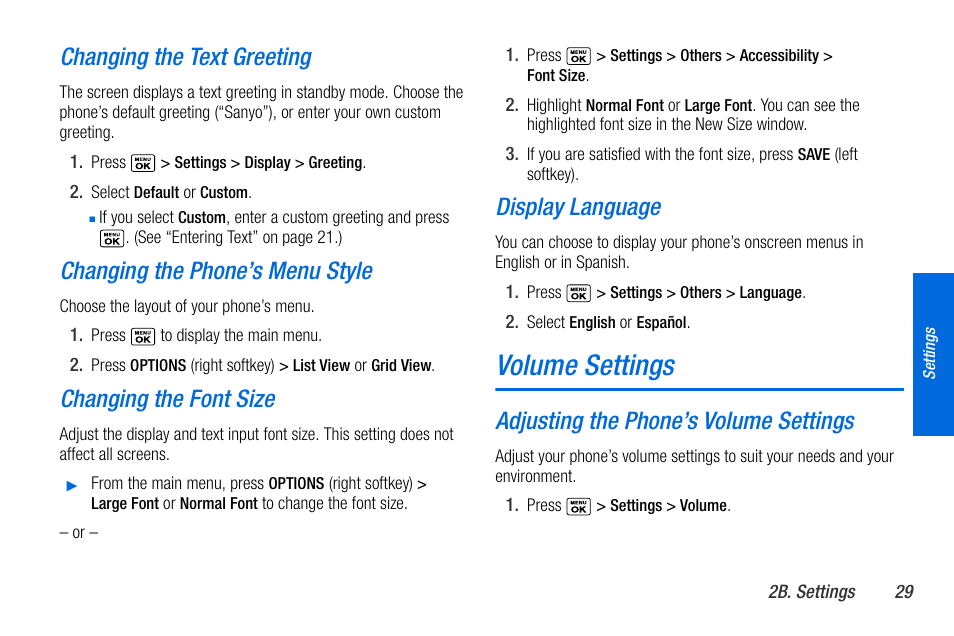 Volume settings, Changing the text greeting, Changing the phone’s menu style | Changing the font size, Display language, Adjusting the phone’s volume settings | Sanyo MIRRO PLS-3810 User Manual | Page 39 / 126