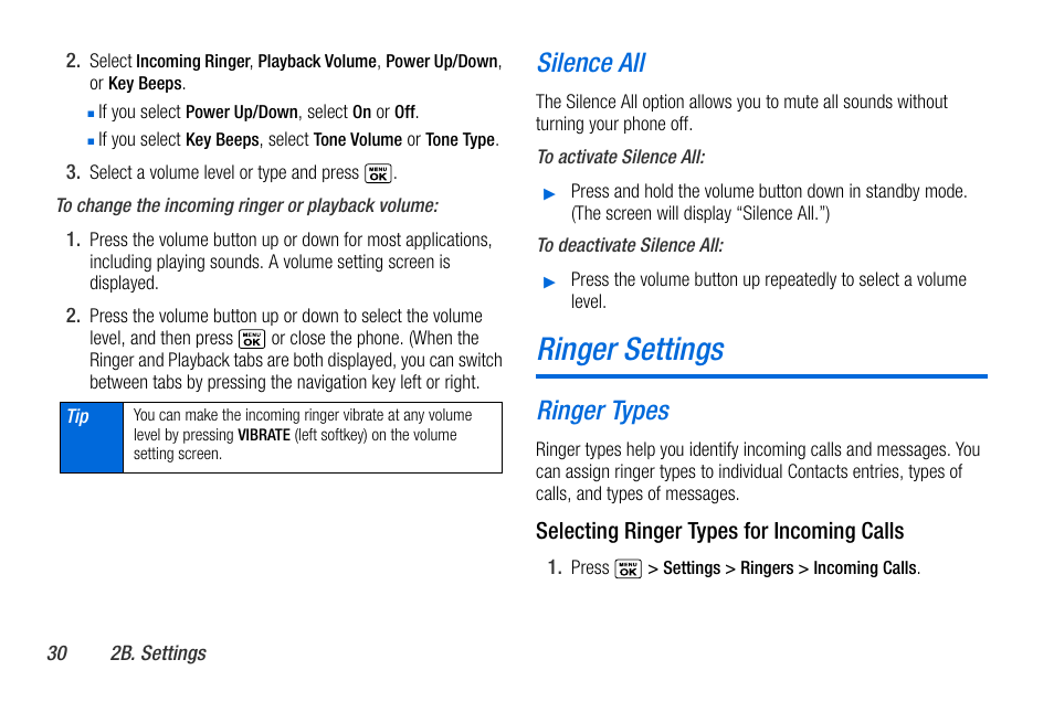 Ringer settings, Silence all, Ringer types | Sanyo MIRRO PLS-3810 User Manual | Page 40 / 126