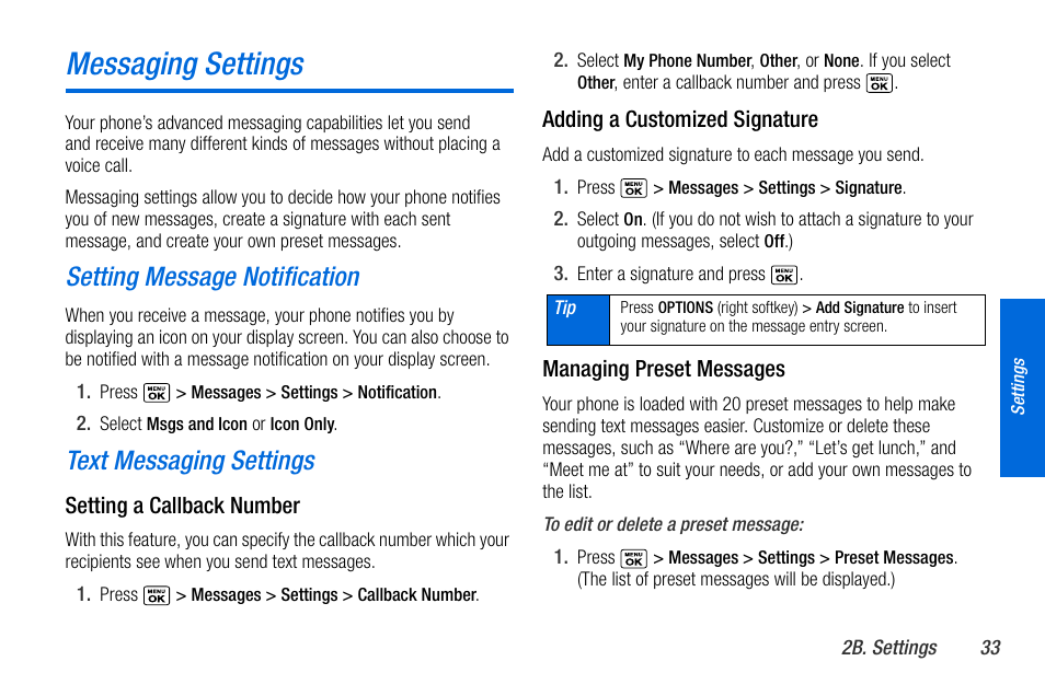 Messaging settings, Setting message notification, Text messaging settings | Sanyo MIRRO PLS-3810 User Manual | Page 43 / 126