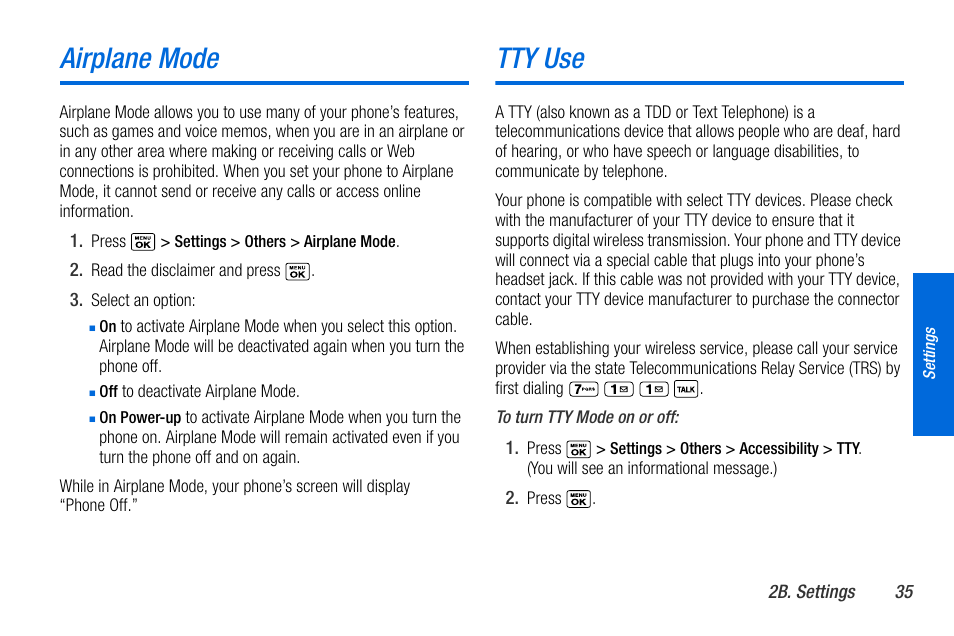 Airplane mode, Tty use | Sanyo MIRRO PLS-3810 User Manual | Page 45 / 126