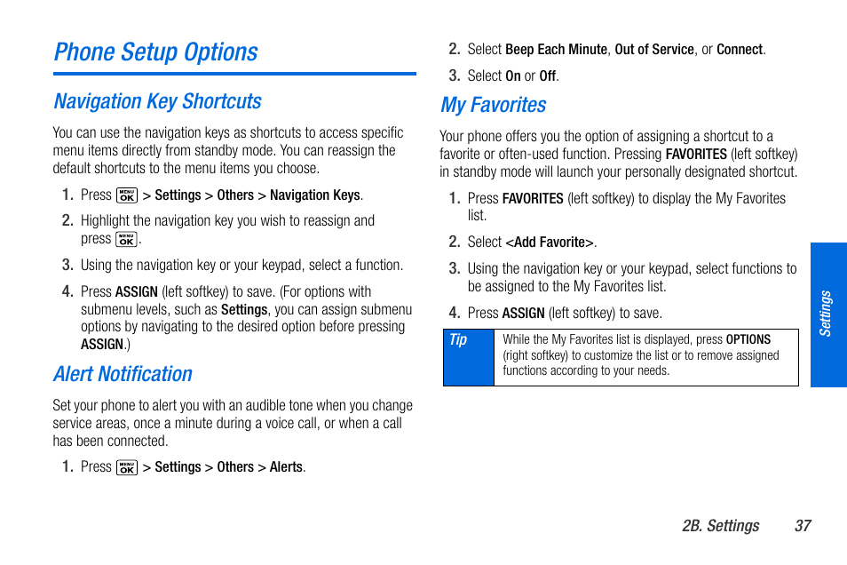 Phone setup options, Navigation key shortcuts, Alert notification | My favorites | Sanyo MIRRO PLS-3810 User Manual | Page 47 / 126