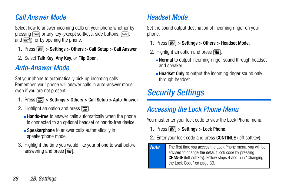 Security settings, Call answer mode, Auto-answer mode | Headset mode, Accessing the lock phone menu | Sanyo MIRRO PLS-3810 User Manual | Page 48 / 126