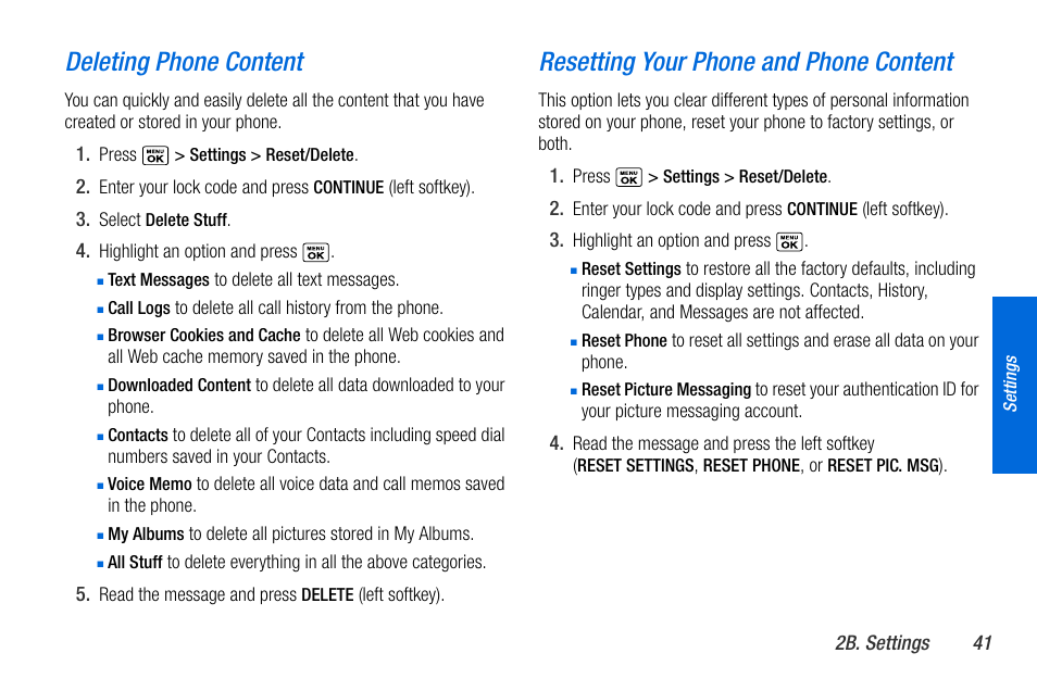 Deleting phone content, Resetting your phone and phone content | Sanyo MIRRO PLS-3810 User Manual | Page 51 / 126