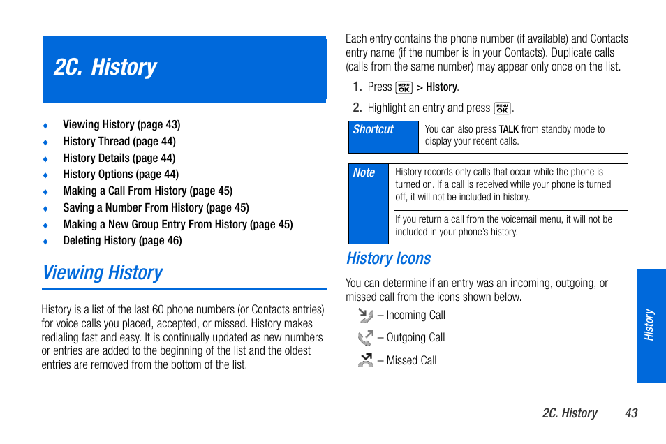 2c. history, Viewing history, History icons | Sanyo MIRRO PLS-3810 User Manual | Page 53 / 126