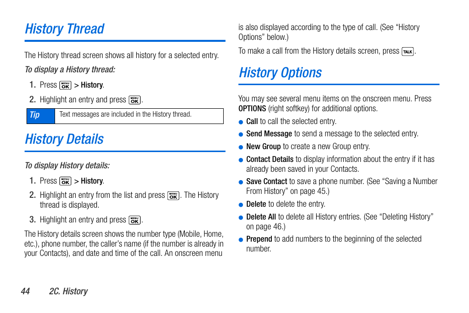 History thread, History details, History options | Sanyo MIRRO PLS-3810 User Manual | Page 54 / 126