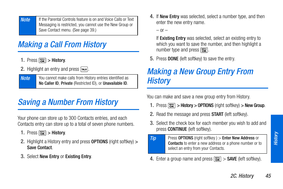 Making a call from history, Saving a number from history, Making a new group entry from history | See “saving a number | Sanyo MIRRO PLS-3810 User Manual | Page 55 / 126