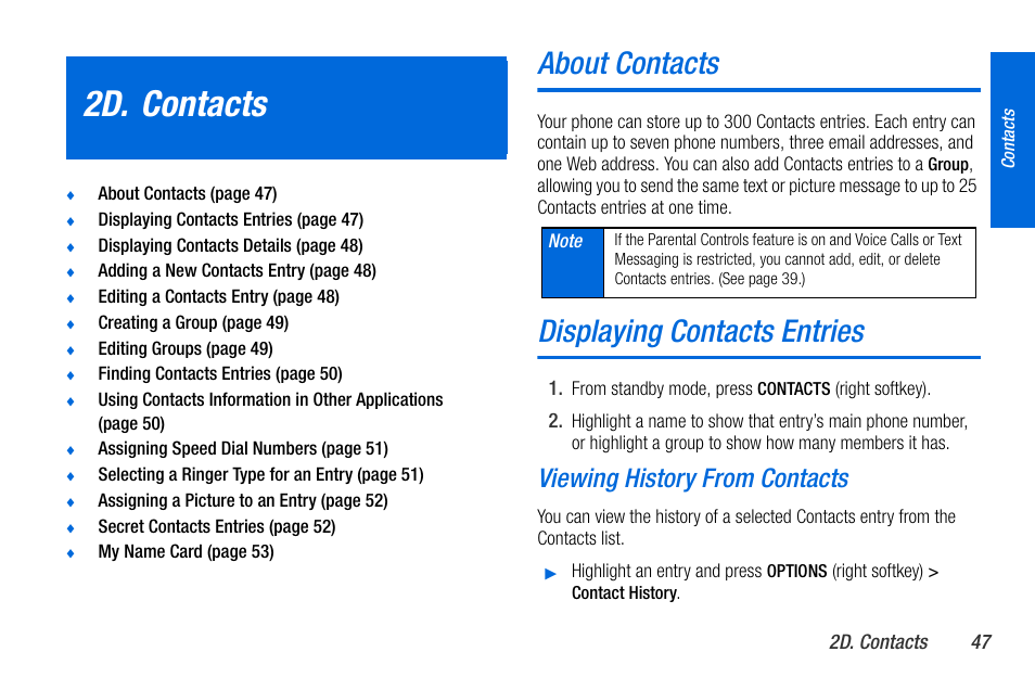2d. contacts, About contacts, Displaying contacts entries | Viewing history from contacts | Sanyo MIRRO PLS-3810 User Manual | Page 57 / 126