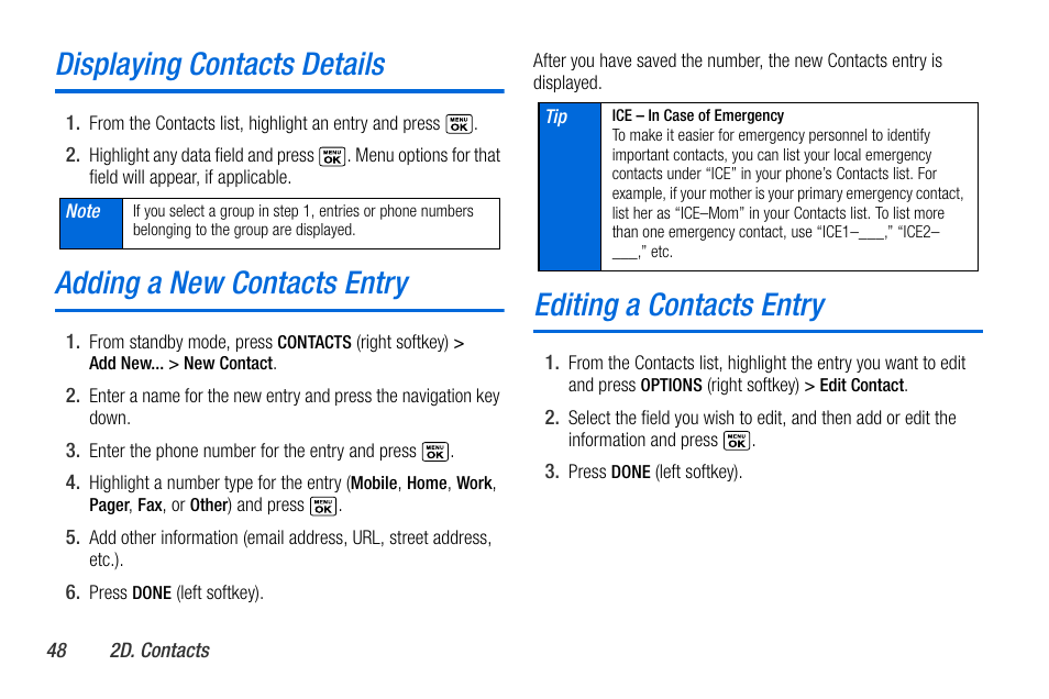 Displaying contacts details, Adding a new contacts entry, Editing a contacts entry | Sanyo MIRRO PLS-3810 User Manual | Page 58 / 126