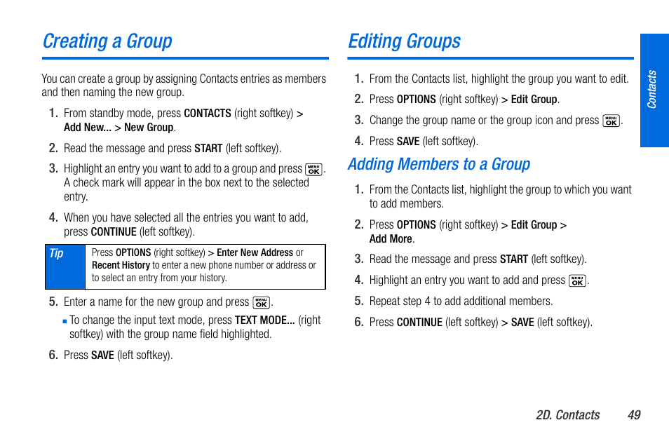 Creating a group, Editing groups, Adding members to a group | Sanyo MIRRO PLS-3810 User Manual | Page 59 / 126