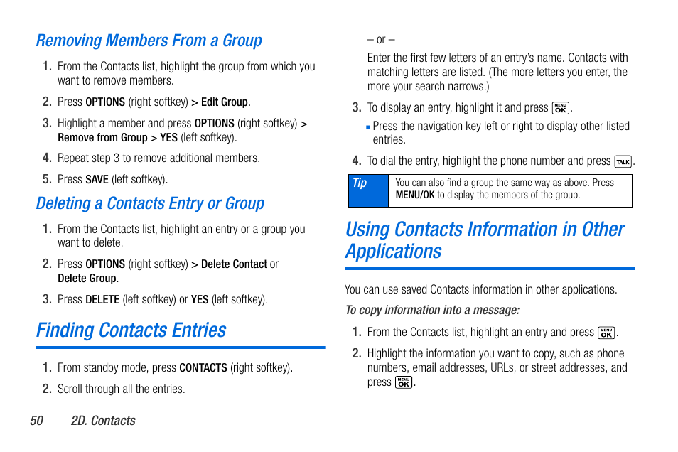Finding contacts entries, Using contacts information in other applications, Removing members from a group | Deleting a contacts entry or group | Sanyo MIRRO PLS-3810 User Manual | Page 60 / 126