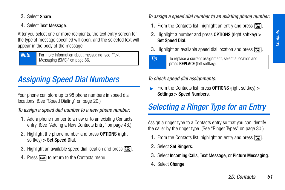 Assigning speed dial numbers, Selecting a ringer type for an entry | Sanyo MIRRO PLS-3810 User Manual | Page 61 / 126