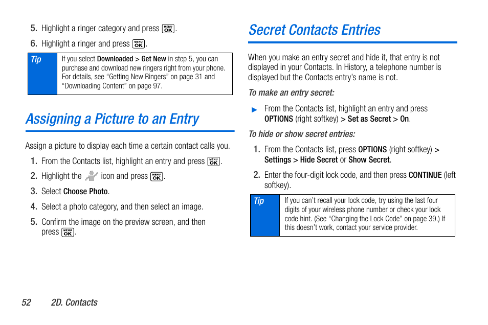 Assigning a picture to an entry, Secret contacts entries | Sanyo MIRRO PLS-3810 User Manual | Page 62 / 126