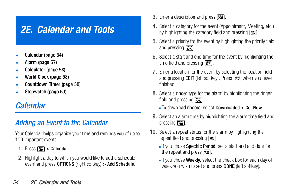 2e. calendar and tools, Calendar, Adding an event to the calendar | Sanyo MIRRO PLS-3810 User Manual | Page 64 / 126