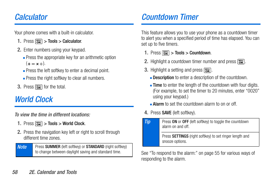 Calculator, World clock, Countdown timer | Sanyo MIRRO PLS-3810 User Manual | Page 68 / 126