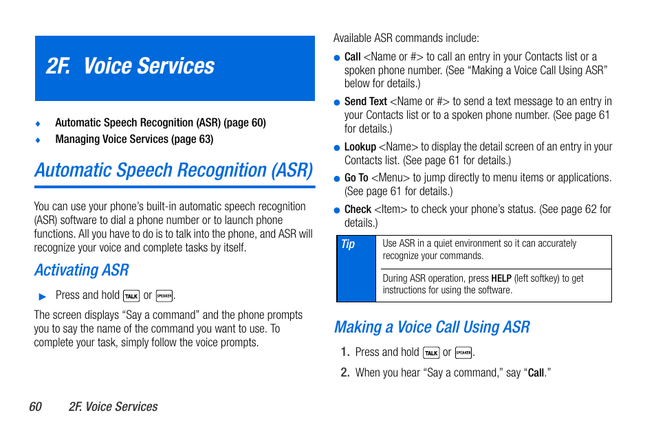 2f. voice services, Automatic speech recognition (asr), Activating asr | Making a voice call using asr | Sanyo MIRRO PLS-3810 User Manual | Page 70 / 126