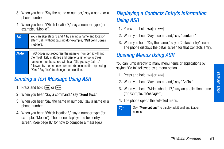 Sending a text message using asr, Opening menus using asr | Sanyo MIRRO PLS-3810 User Manual | Page 71 / 126
