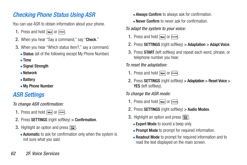 Checking phone status using asr, Asr settings | Sanyo MIRRO PLS-3810 User Manual | Page 72 / 126