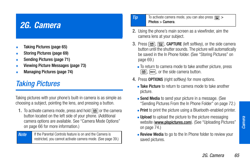 2g. camera, Taking pictures | Sanyo MIRRO PLS-3810 User Manual | Page 75 / 126