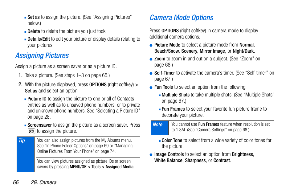 Assigning pictures, Camera mode options | Sanyo MIRRO PLS-3810 User Manual | Page 76 / 126