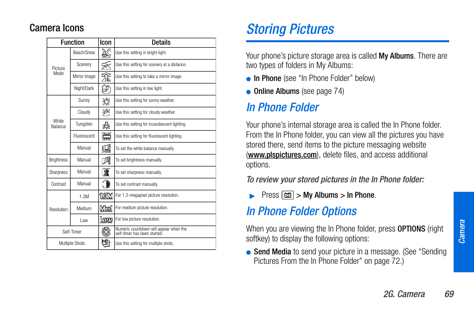 Storing pictures, Camera icons, 2g. camera 69 | Sanyo MIRRO PLS-3810 User Manual | Page 79 / 126