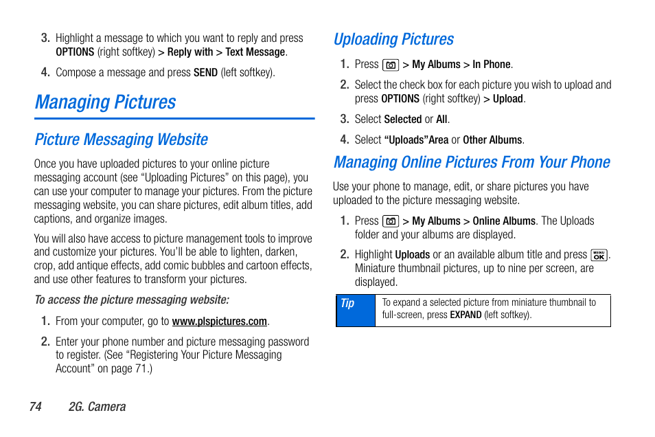 Managing pictures, Ee “uploading pictures, Picture messaging website | Uploading pictures, Managing online pictures from your phone | Sanyo MIRRO PLS-3810 User Manual | Page 84 / 126