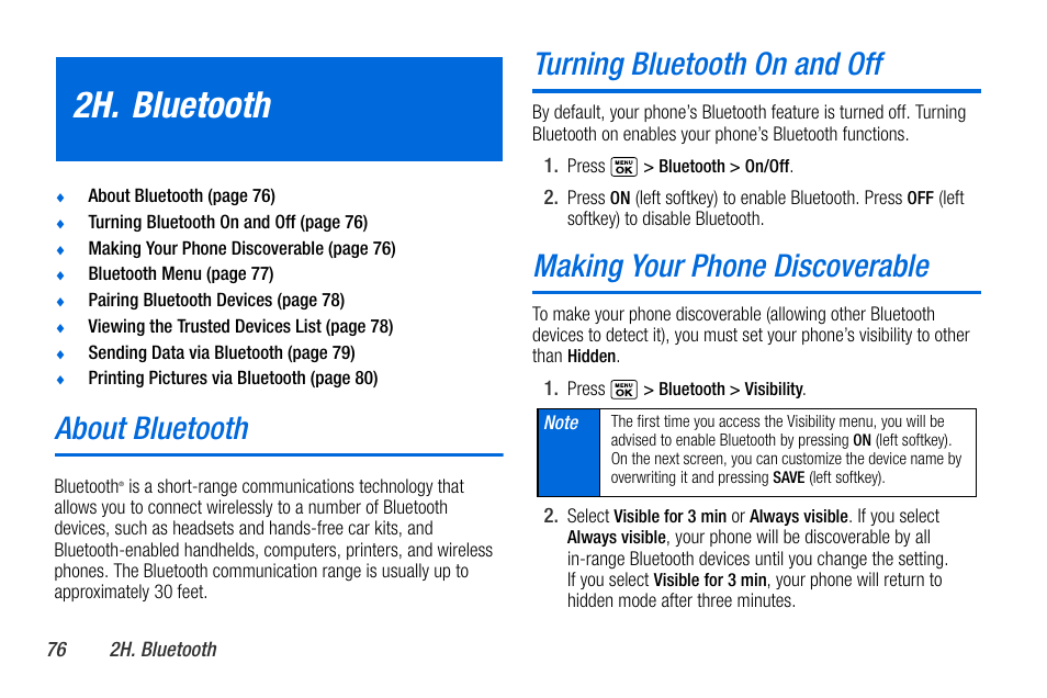 2h. bluetooth, About bluetooth, Turning bluetooth on and off | Making your phone discoverable | Sanyo MIRRO PLS-3810 User Manual | Page 86 / 126