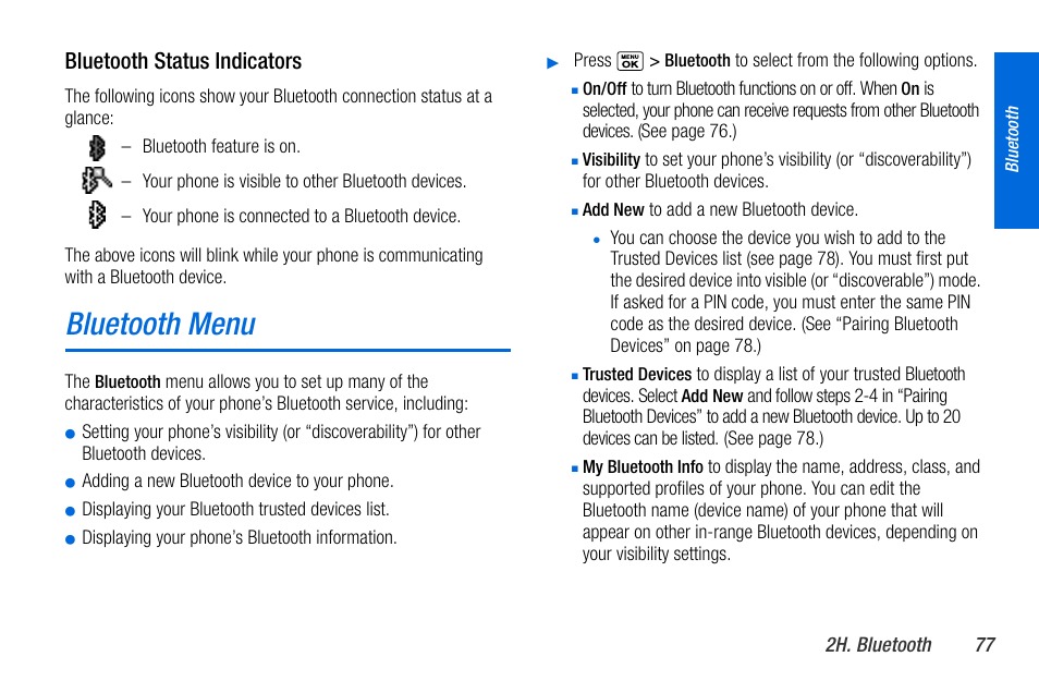 Bluetooth menu, Bluetooth status indicators | Sanyo MIRRO PLS-3810 User Manual | Page 87 / 126