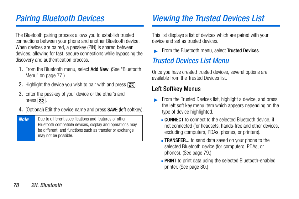 Pairing bluetooth devices, Viewing the trusted devices list, Trusted devices list menu | Sanyo MIRRO PLS-3810 User Manual | Page 88 / 126