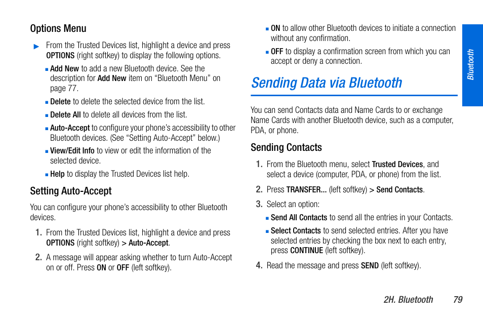 Sending data via bluetooth, Options menu, Setting auto-accept | Sending contacts | Sanyo MIRRO PLS-3810 User Manual | Page 89 / 126