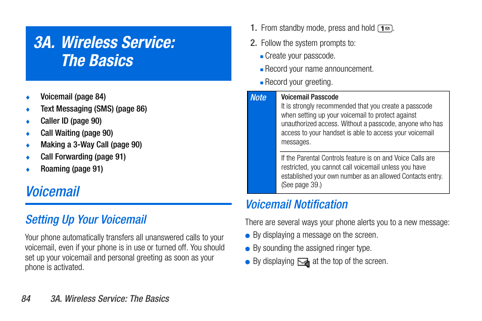3a. wireless service: the basics, Voicemail, Setting up your voicemail | Voicemail notification | Sanyo MIRRO PLS-3810 User Manual | Page 94 / 126