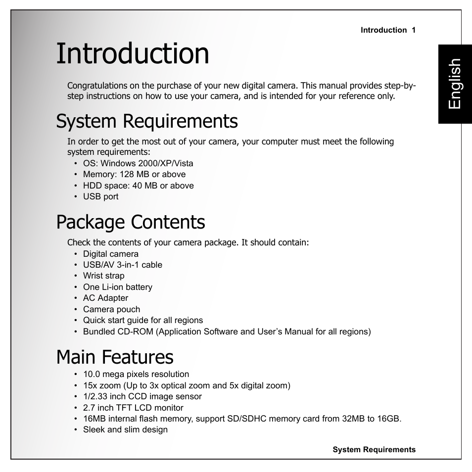 Introduction, System requirements, Package contents | Main features, System requirements package contents main features, English | Sanyo VPC-E1090 User Manual | Page 13 / 70