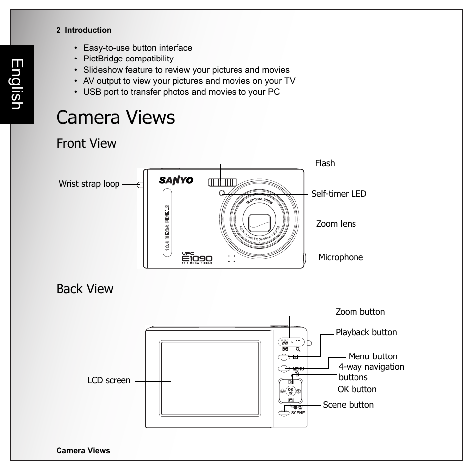 Camera views, Front view, Back view | Front view back view, English | Sanyo VPC-E1090 User Manual | Page 14 / 70
