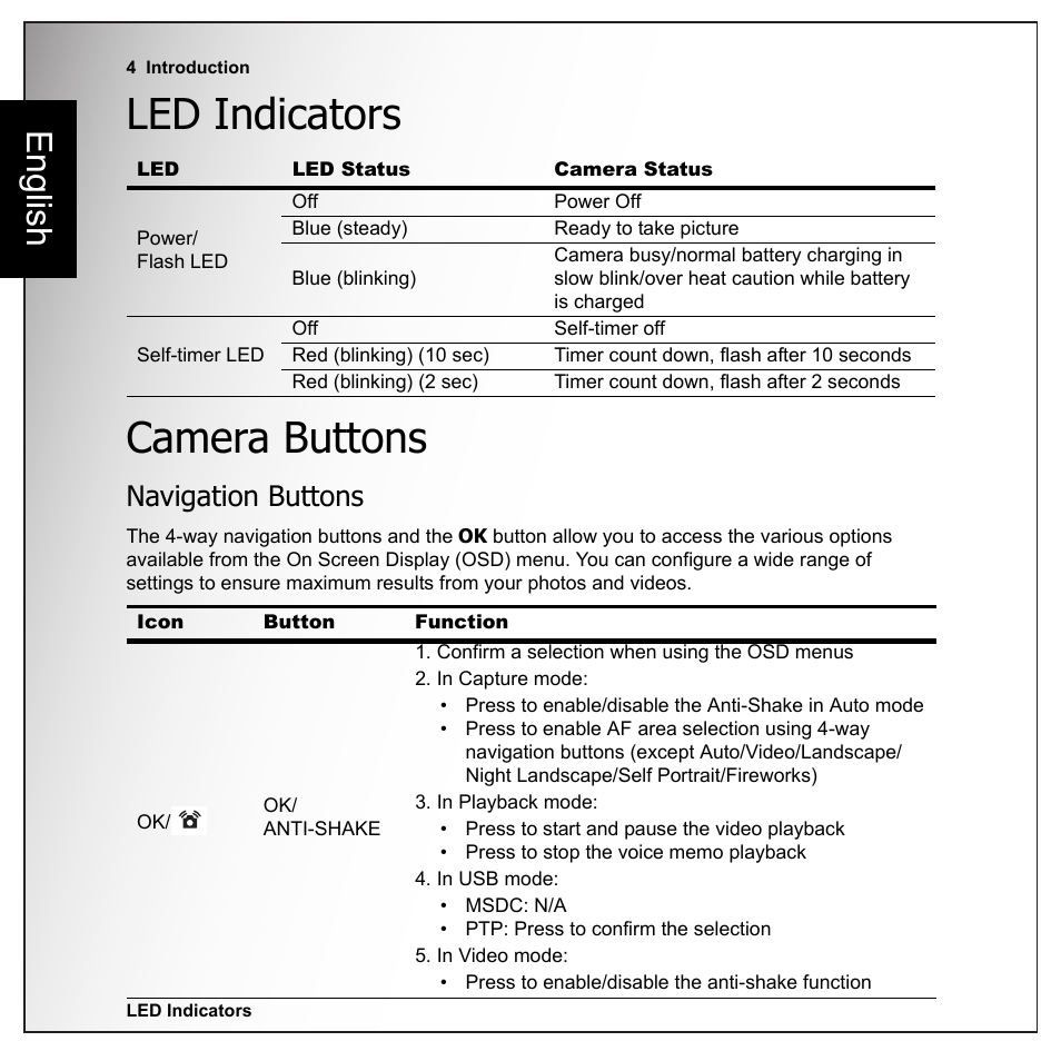 Led indicators, Camera buttons, Navigation buttons | Led indicators camera buttons, English | Sanyo VPC-E1090 User Manual | Page 16 / 70