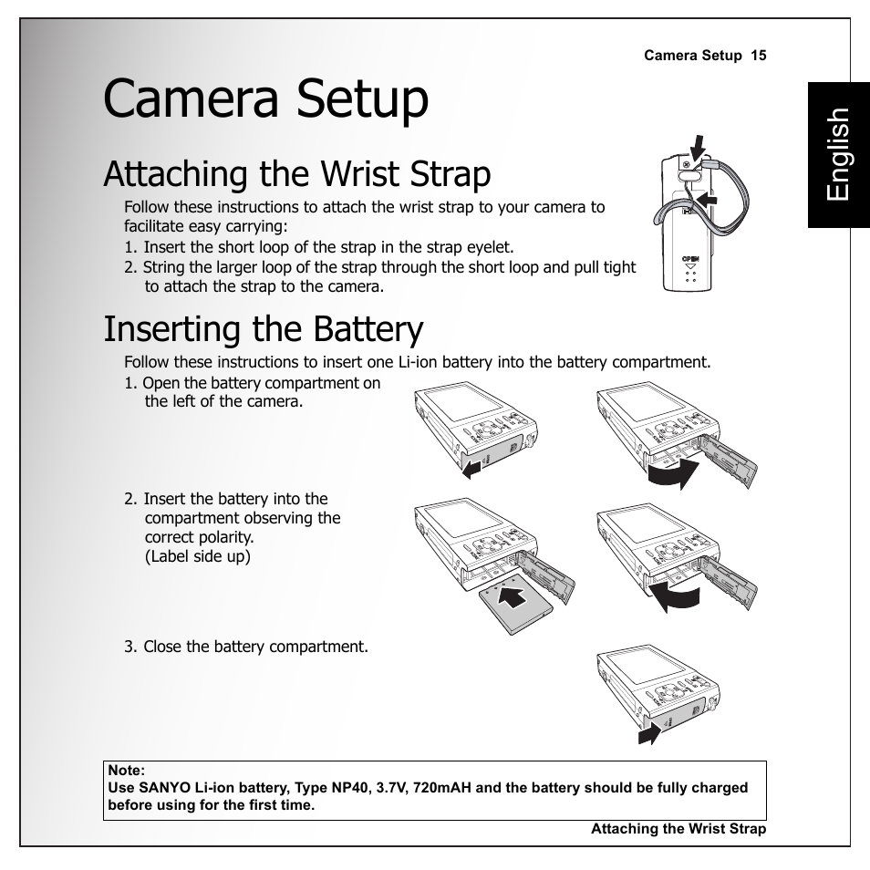 Camera setup, Attaching the wrist strap, Inserting the battery | Attaching the wrist strap inserting the battery, English | Sanyo VPC-E1090 User Manual | Page 27 / 70