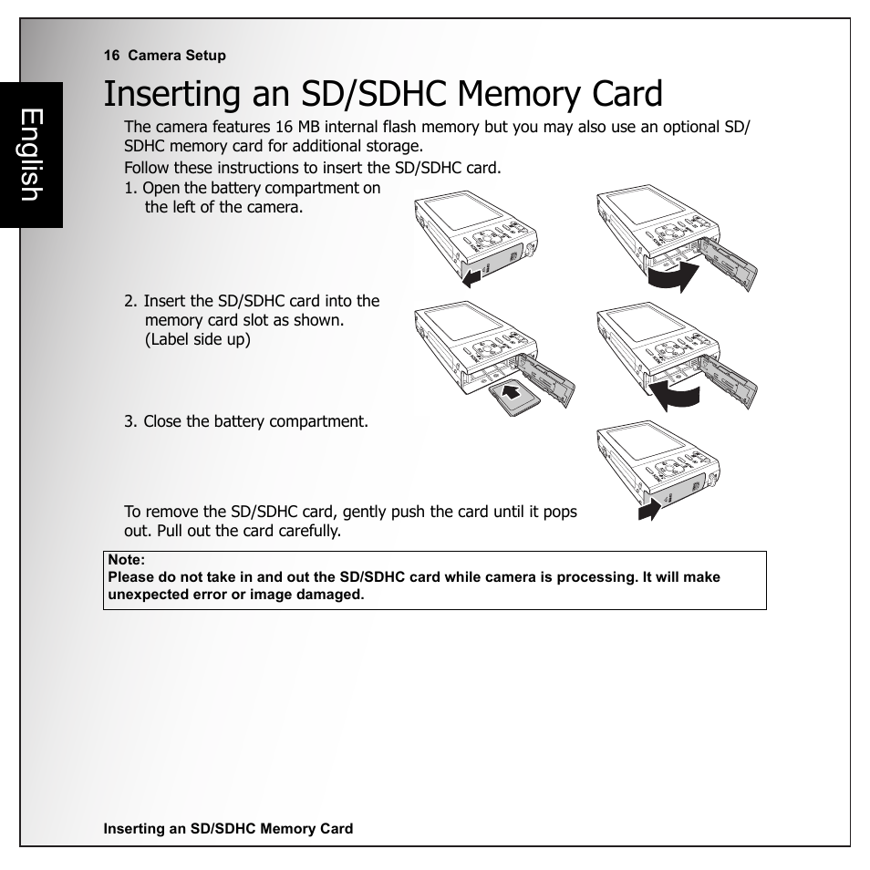Inserting an sd/sdhc memory card, English | Sanyo VPC-E1090 User Manual | Page 28 / 70