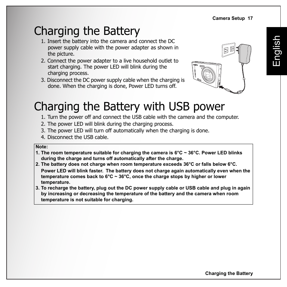 Charging the battery, Charging the battery with usb power, English | Sanyo VPC-E1090 User Manual | Page 29 / 70