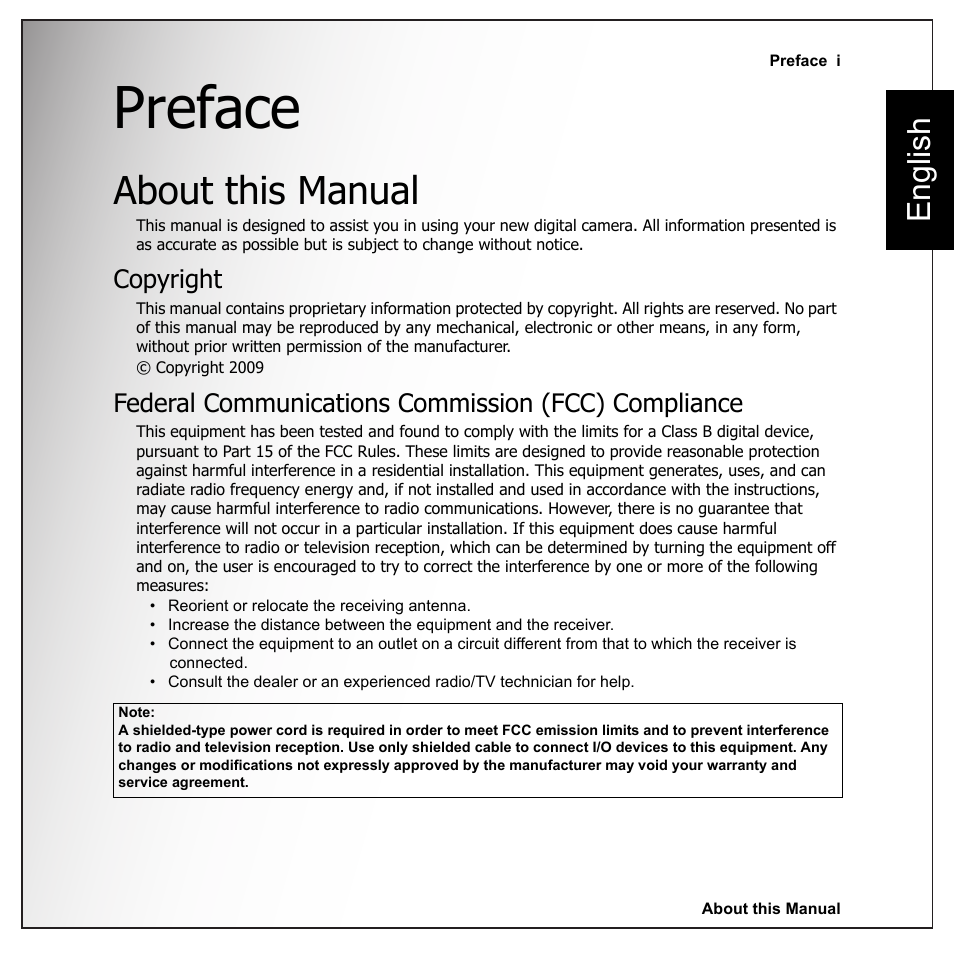 Preface, About this manual, Copyright | Federal communications commission (fcc) compliance, English | Sanyo VPC-E1090 User Manual | Page 3 / 70